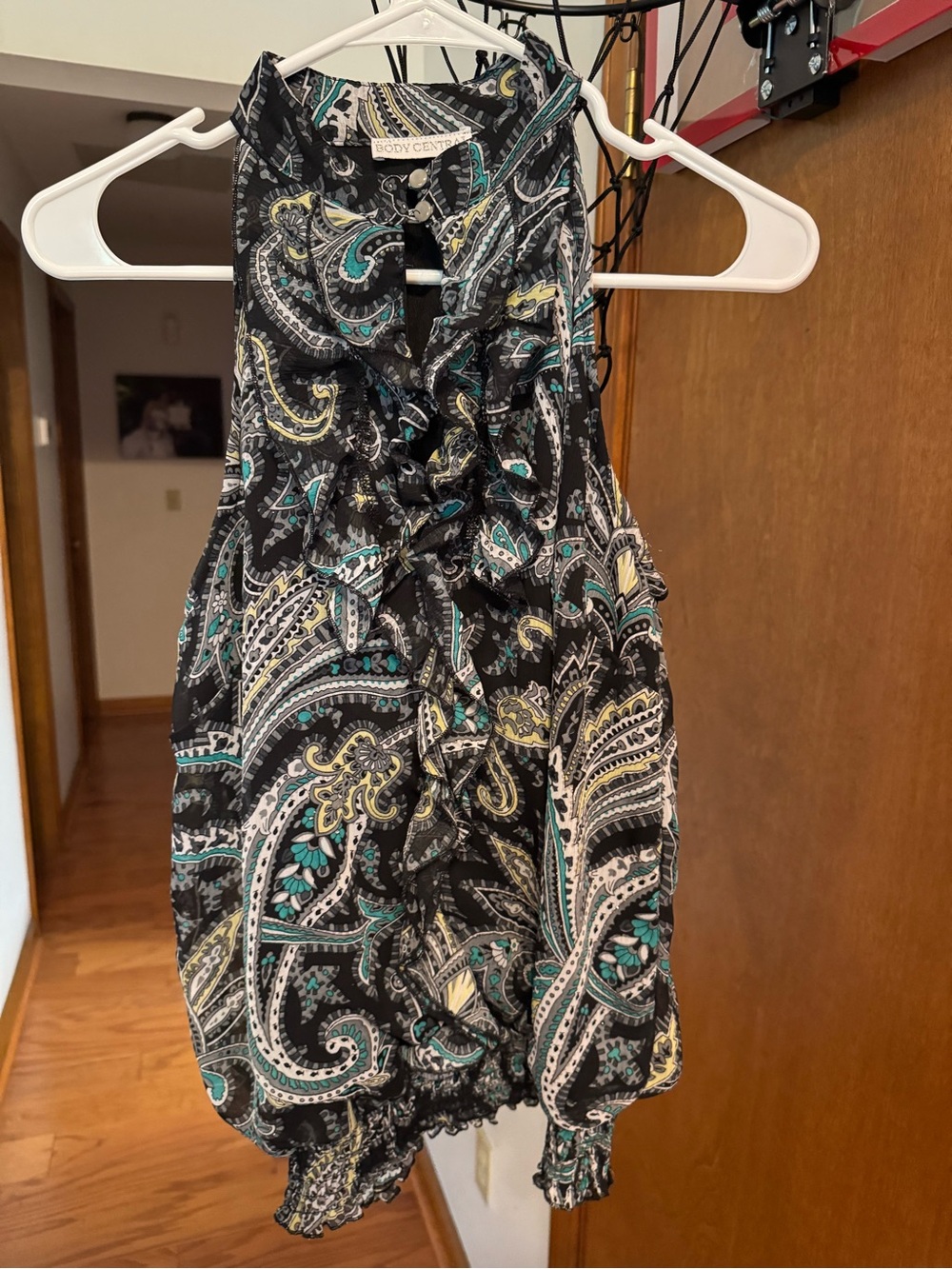 Body Central Black Paisley Ruffle Halter Camisole with Teal and Yellow Accents